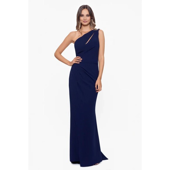 Betsy & Adam True Cut Out One Shoulder Side Ruche Long Formal Gown sz 8 Navy - Picture 1 of 8
